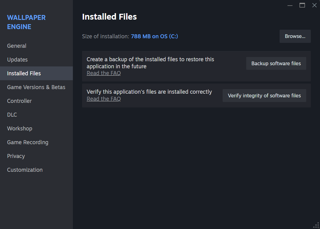 Botão de verificação dos arquivos do Wallpaper Engine no Steam