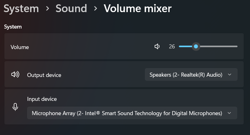 Página Sistema > Som > Mixer de volume do Windows 11