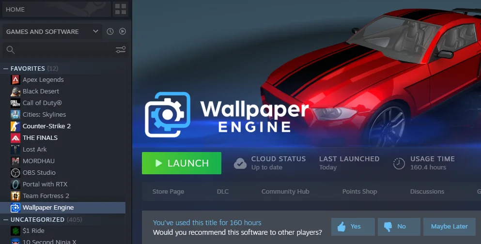 Wallpaper Engine selected in the Steam library
