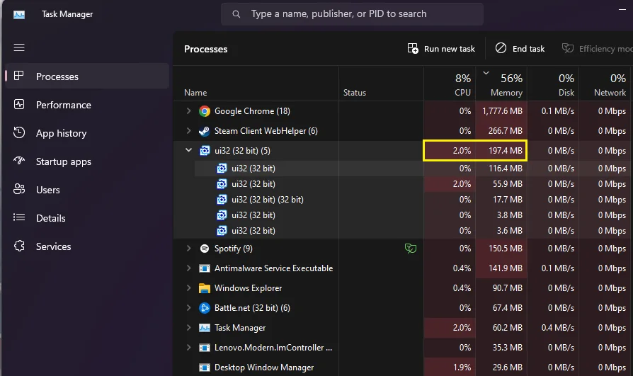 Windows Task Manager showing resource use while Wallpaper Engine runs