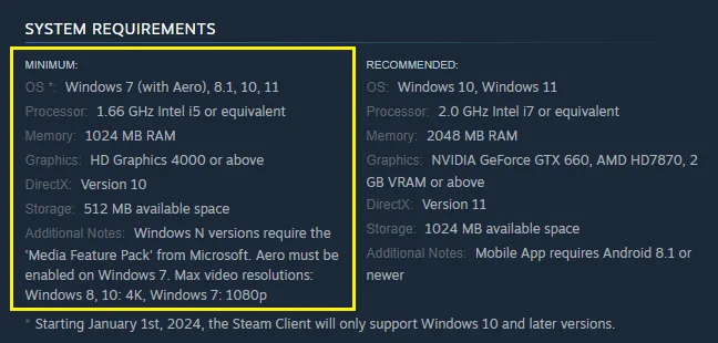 An older Wallpaper Engine system requirements panel