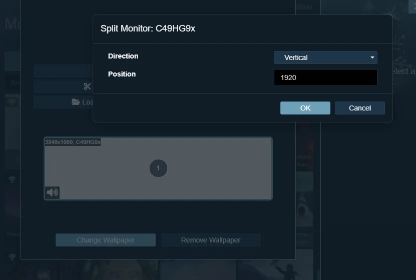 Wallpaper Engine screen split controls for one large monitor
