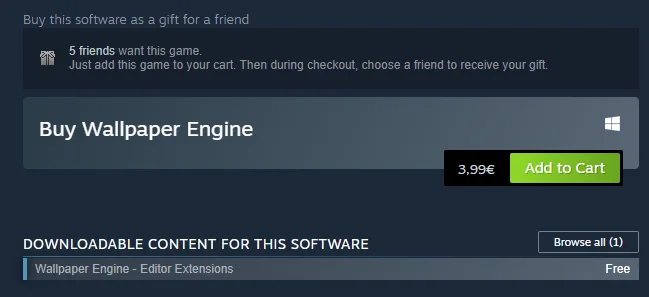Wallpaper Engine product page in the Steam desktop client