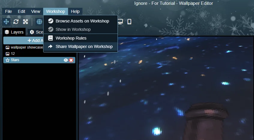 Wallpaper Editor Workshop menu with the sharing option