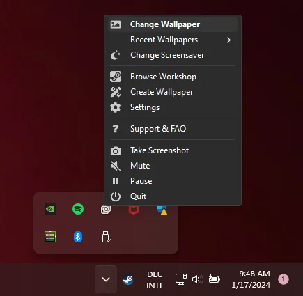 Wallpaper Engine menu opened from the Windows notification area