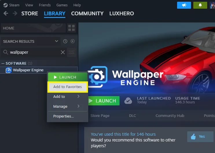 Wallpaper Engine added to Favorites in the Steam library