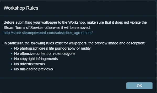 Wallpaper Engine publishing confirmation with Workshop rules