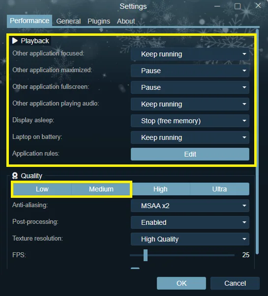 Wallpaper Engine performance settings with application playback options