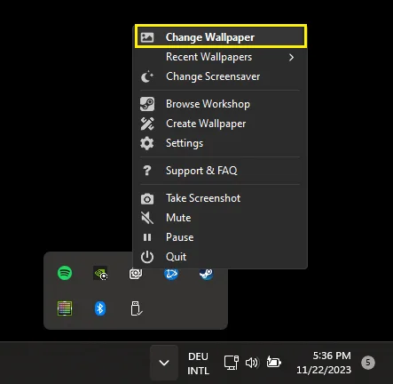 Wallpaper Engine notification-area menu with Change wallpaper