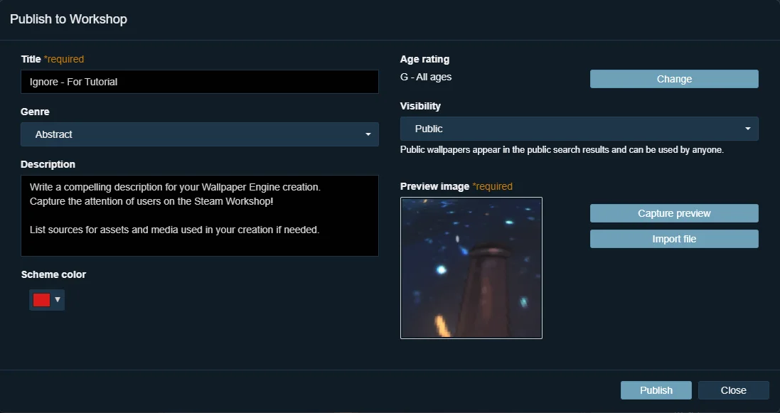 Wallpaper Engine publish form with title, description, genre, and preview controls