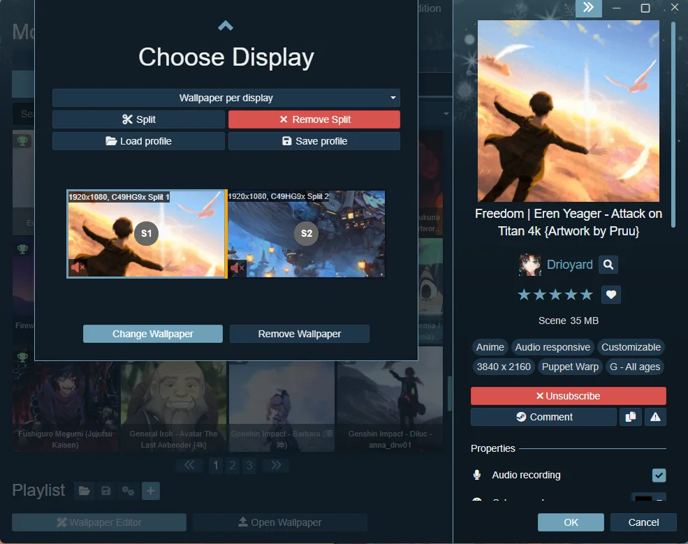 Two monitors selected together in Wallpaper Engine