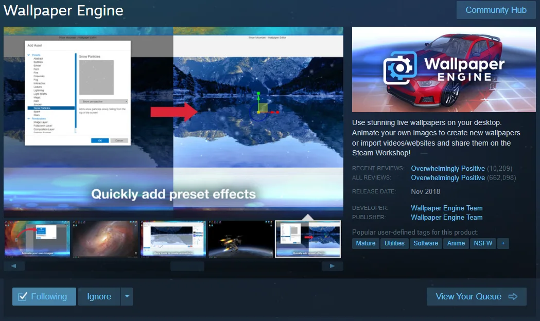Wallpaper Engine page in the Steam desktop client