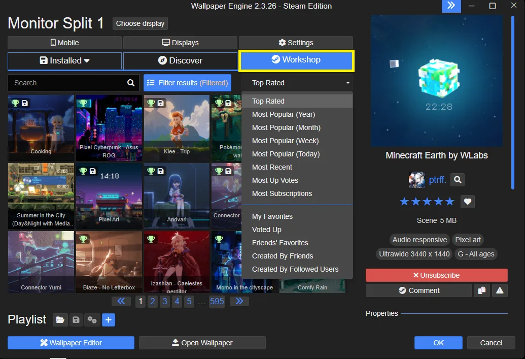 Wallpaper Engine browser showing installed and Workshop wallpapers