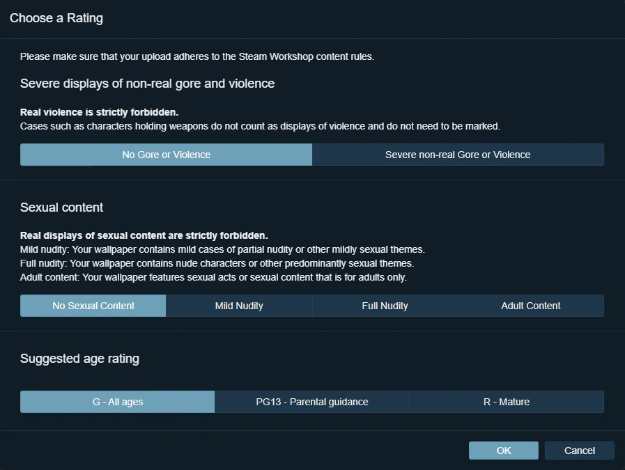 Age rating options in the Wallpaper Engine publishing flow