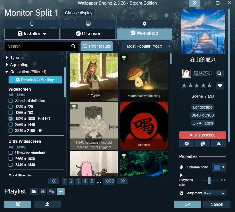 Wallpaper Engine Workshop browser with filters and wallpaper results