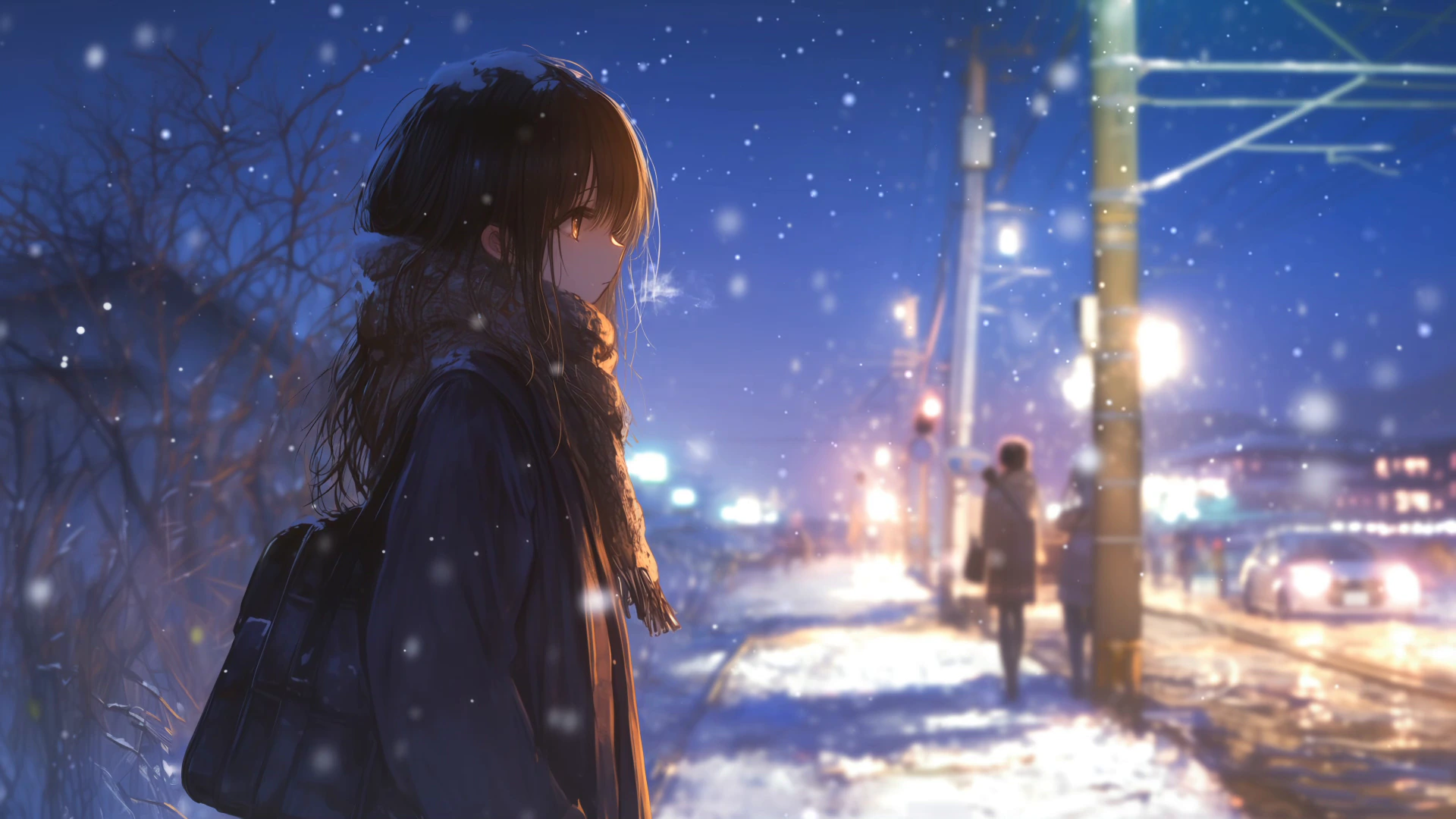 Anime Girl on a Snowy Night Street