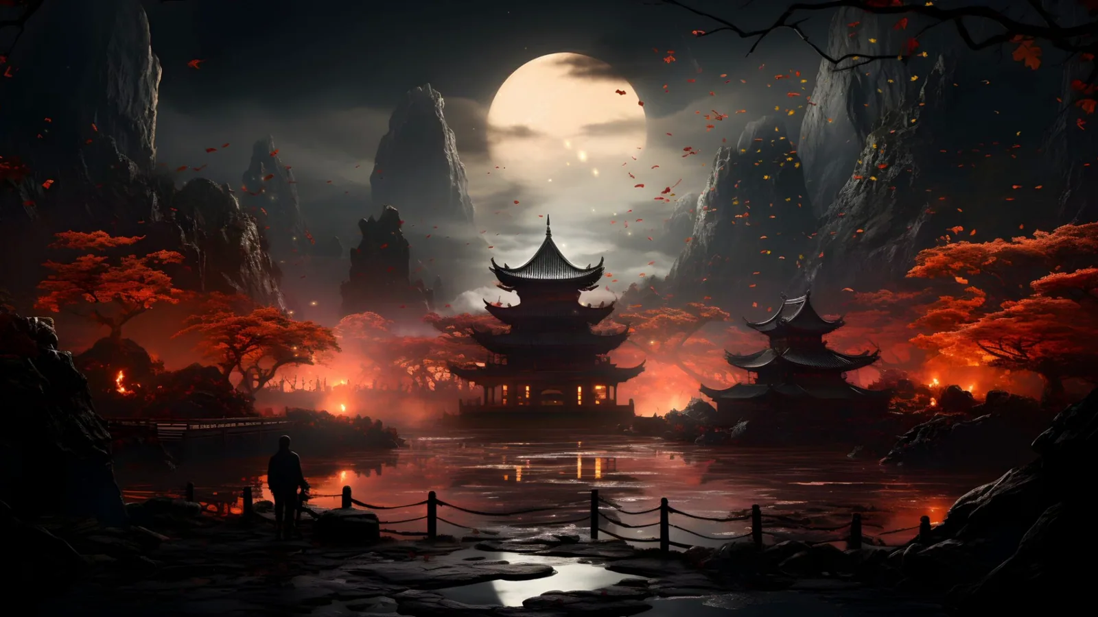 Asian Fantasy Temple Under a Full Moon