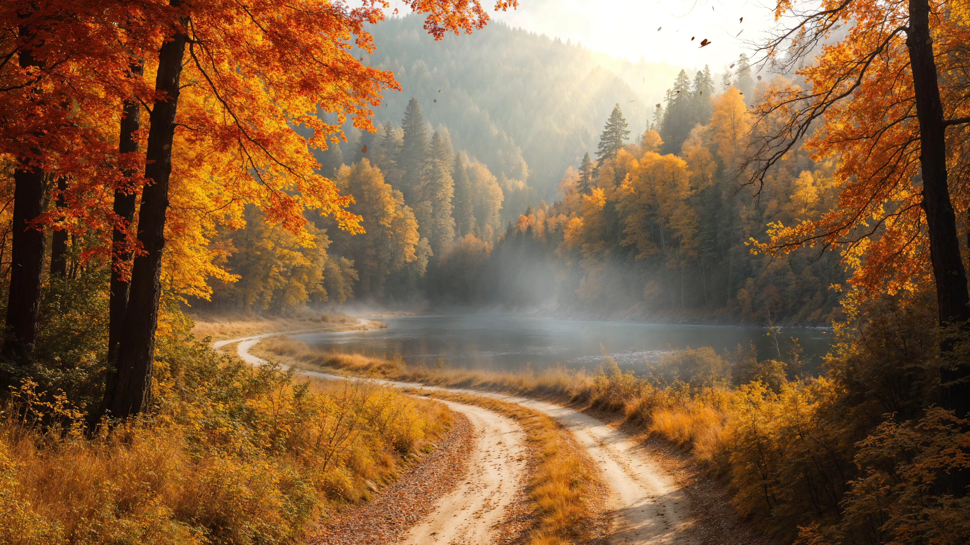 Autumn Forest Road by a Misty Lake