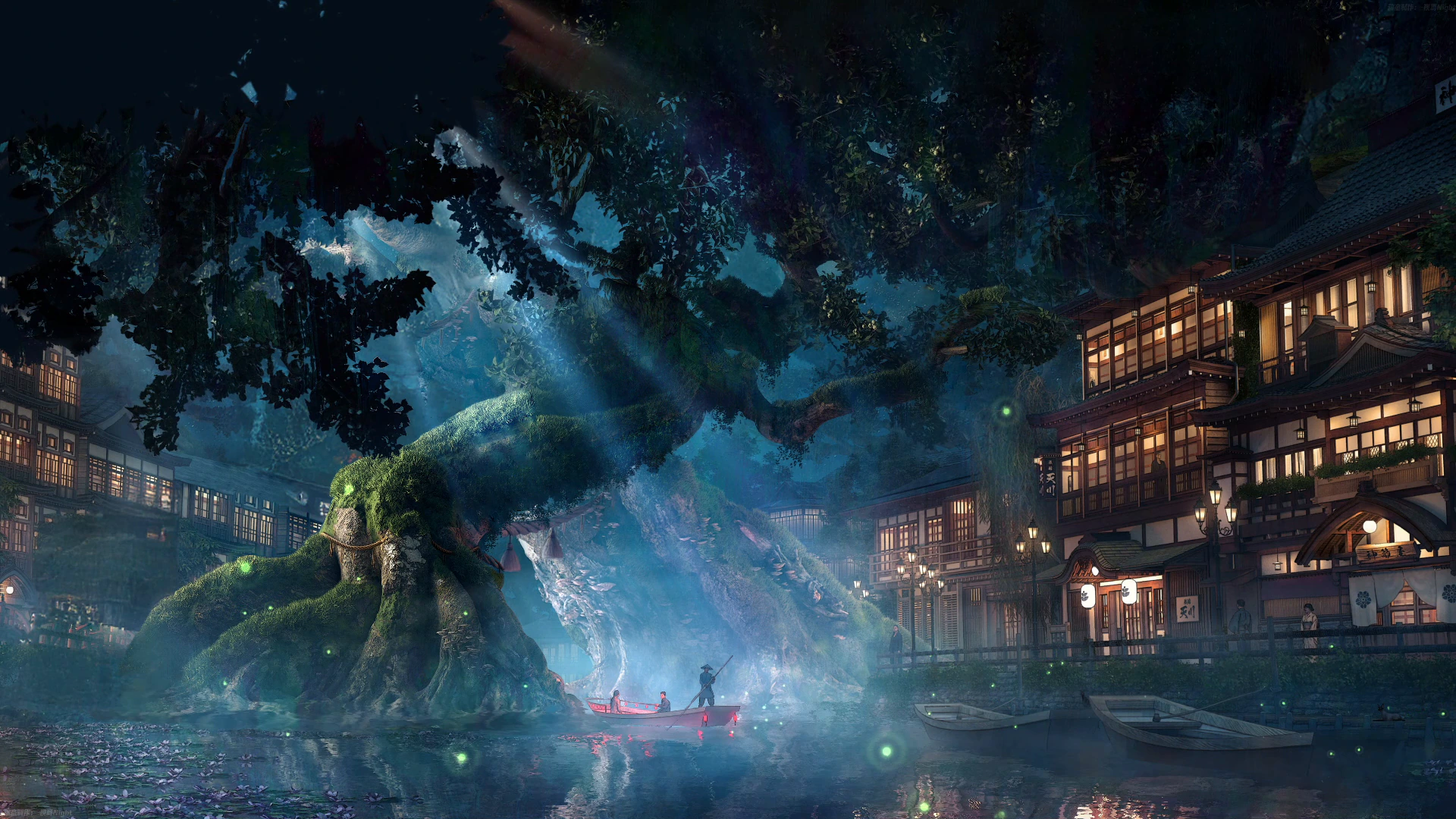 Bathhouse Among Ancient Roots at Night