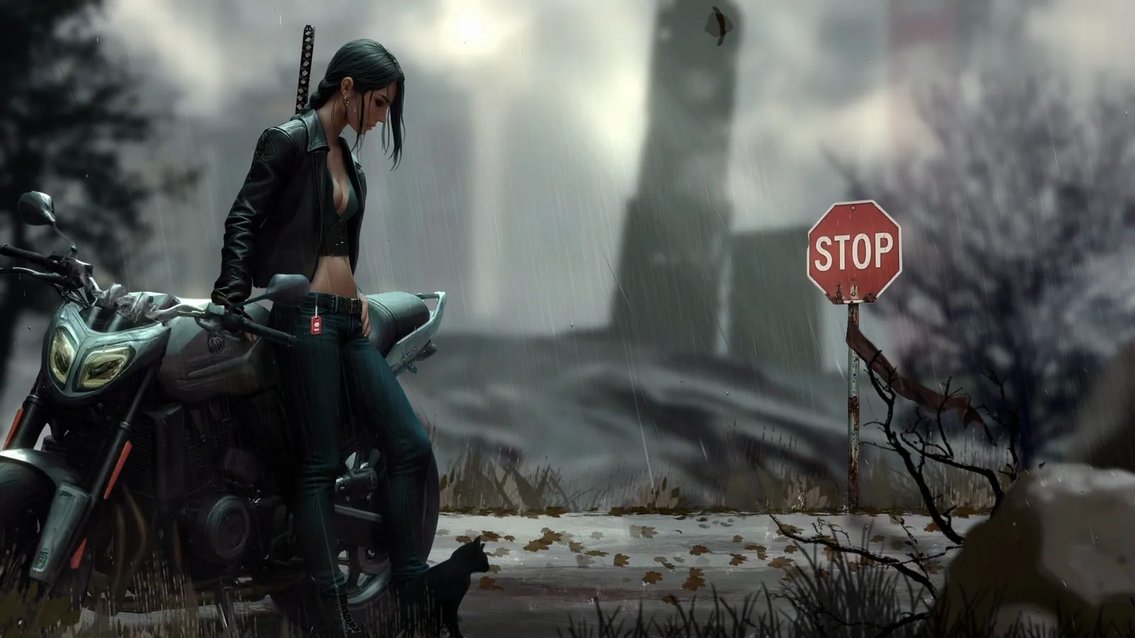 Biker Woman in Winter Rain