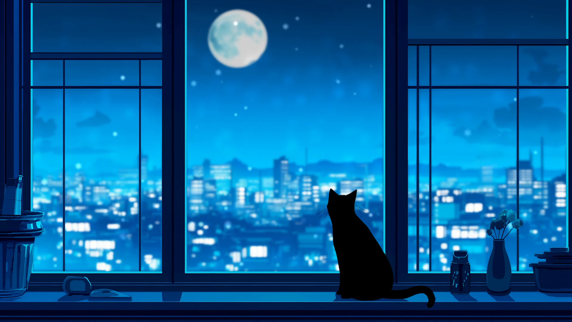 Black Cat at a Moonlit Window