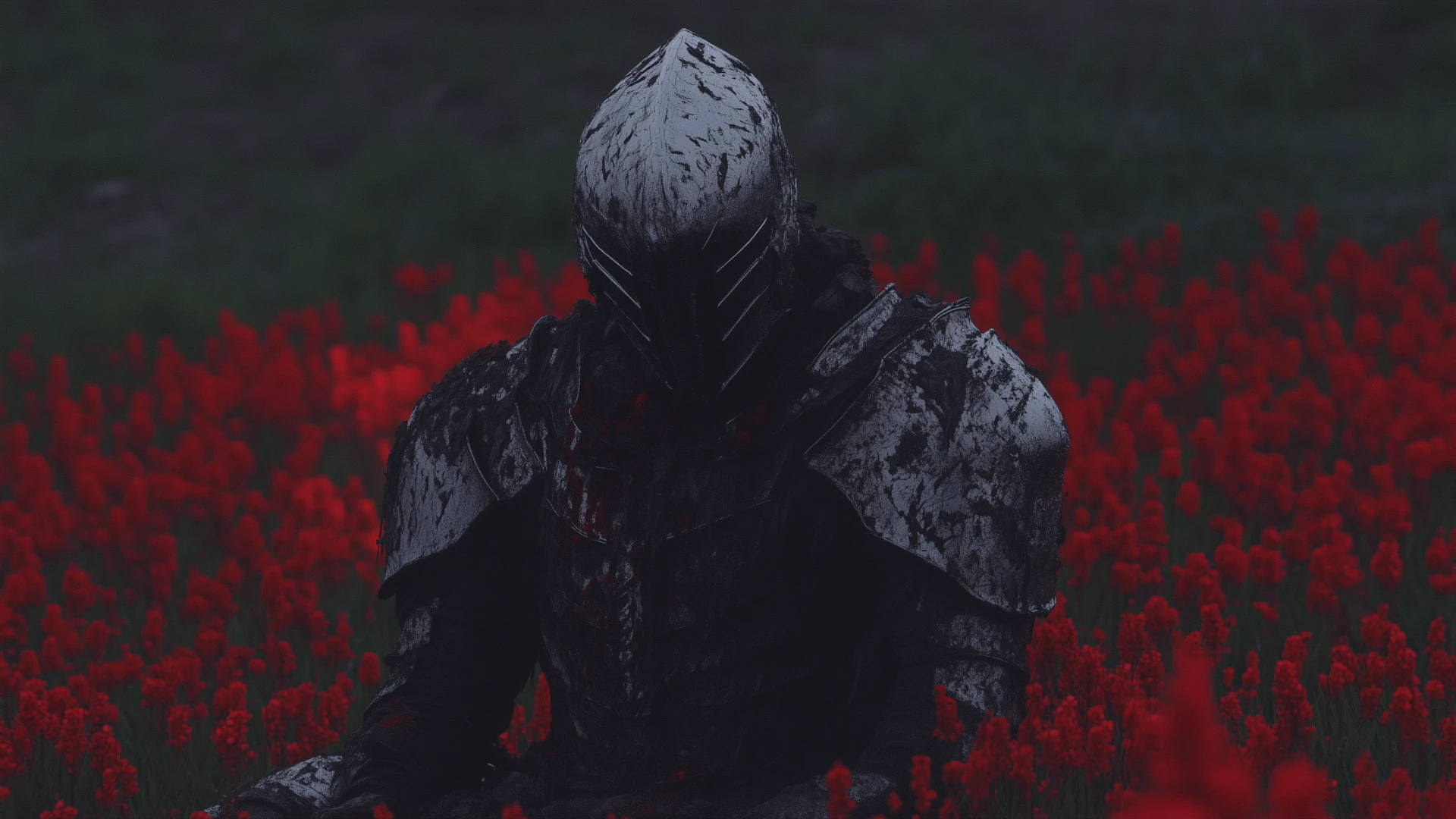 Black Knight in a Crimson Flower Field