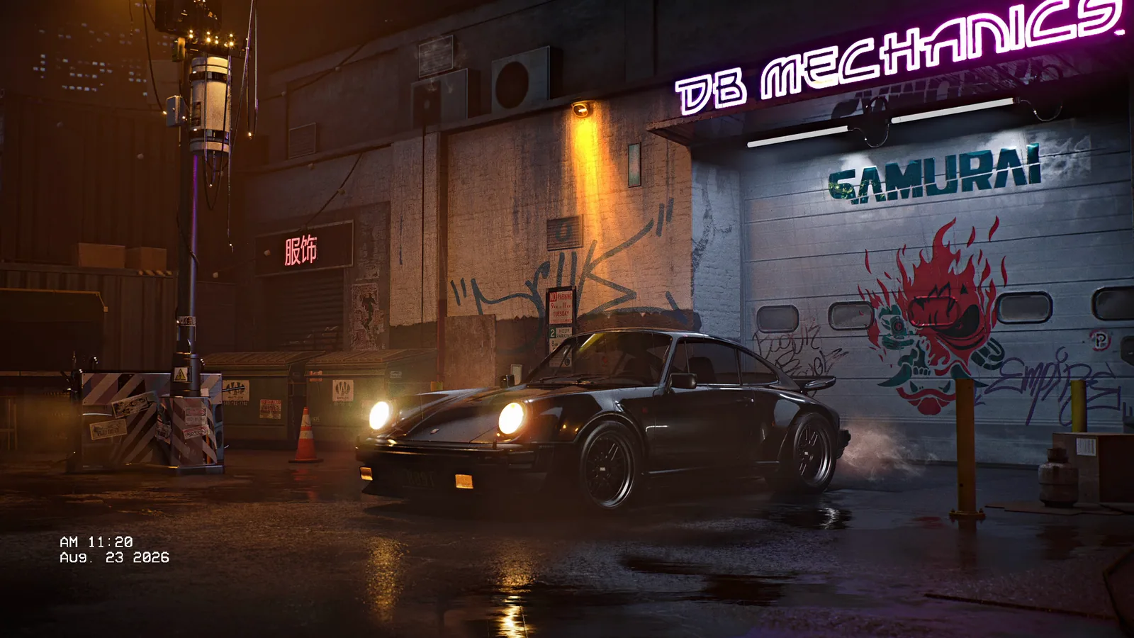 Black Porsche 911 at a Samurai Garage