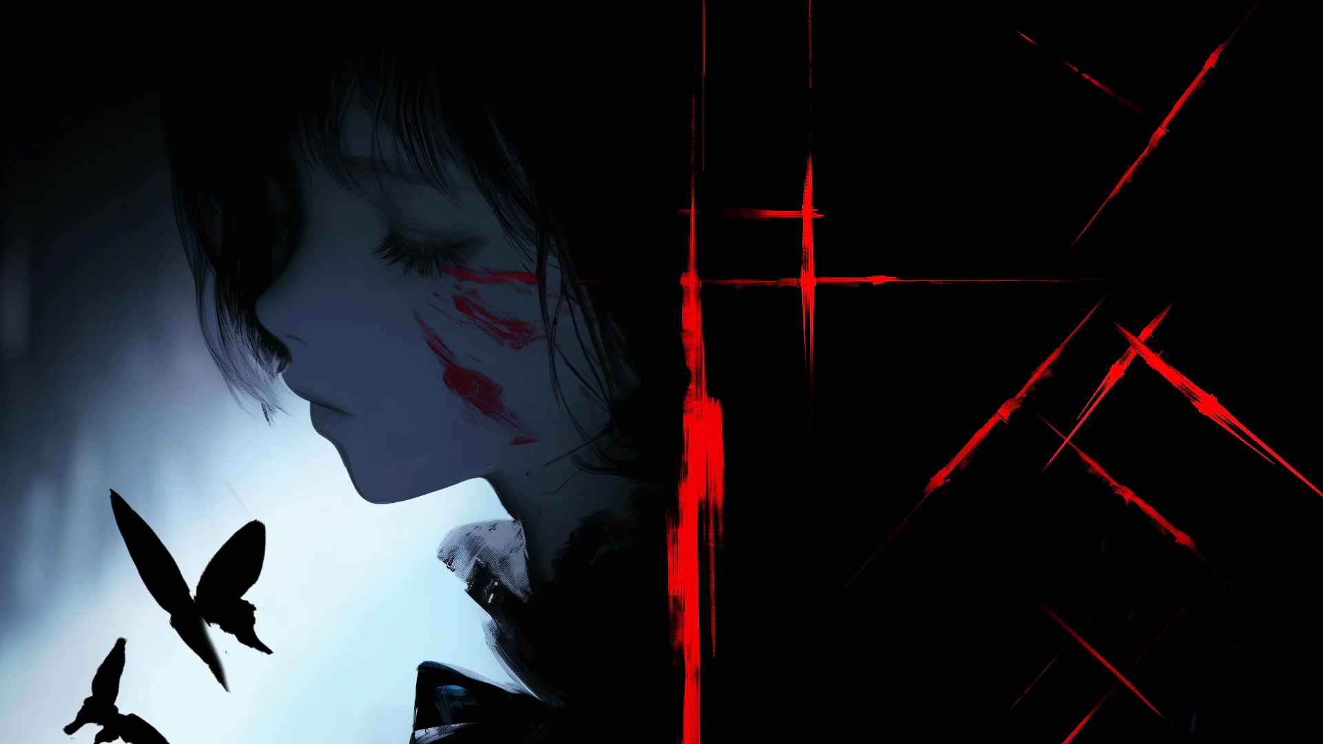 Black and Red Anime Profile with Butterflies