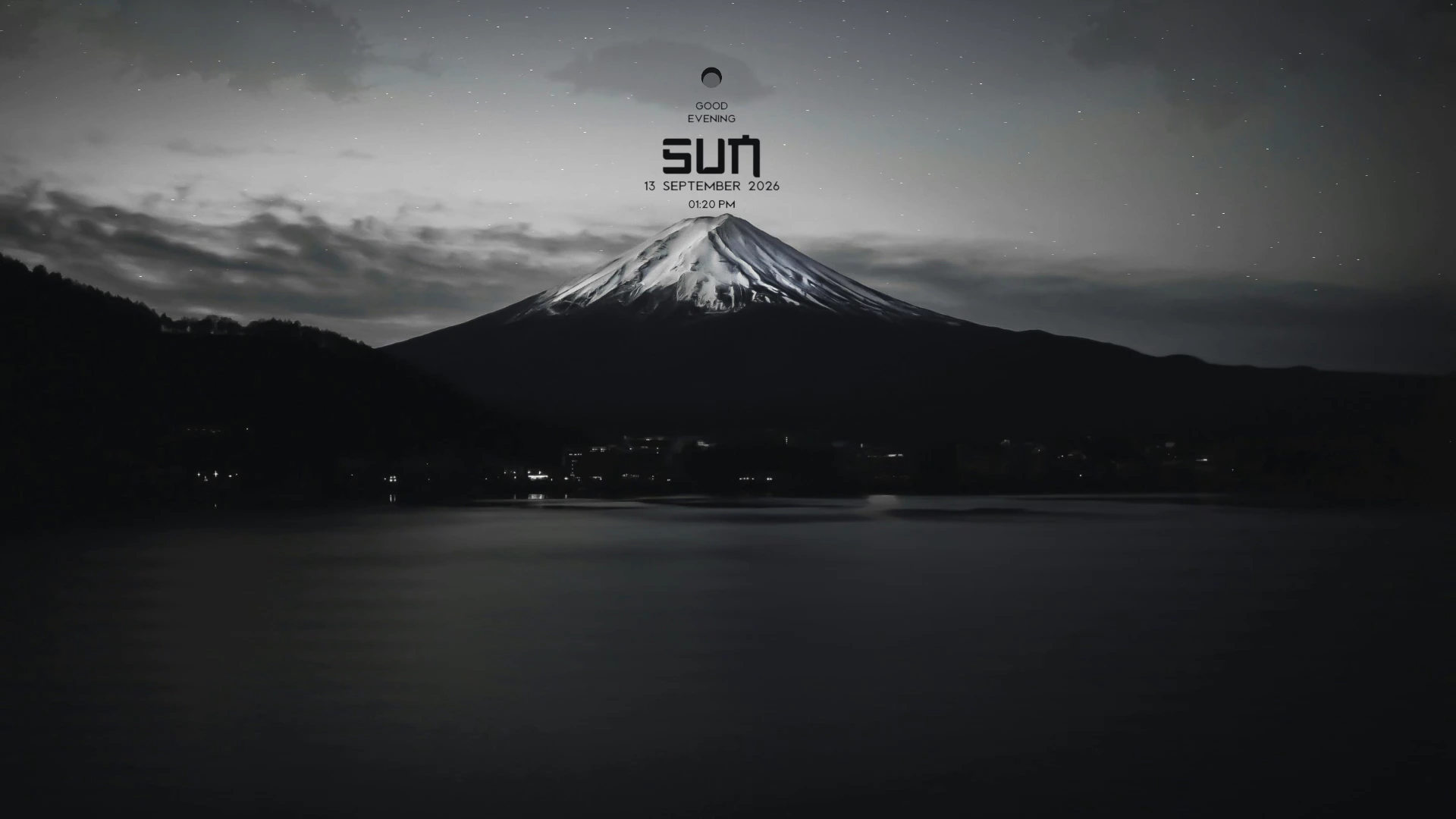Monte Fuji em preto e branco com relógio