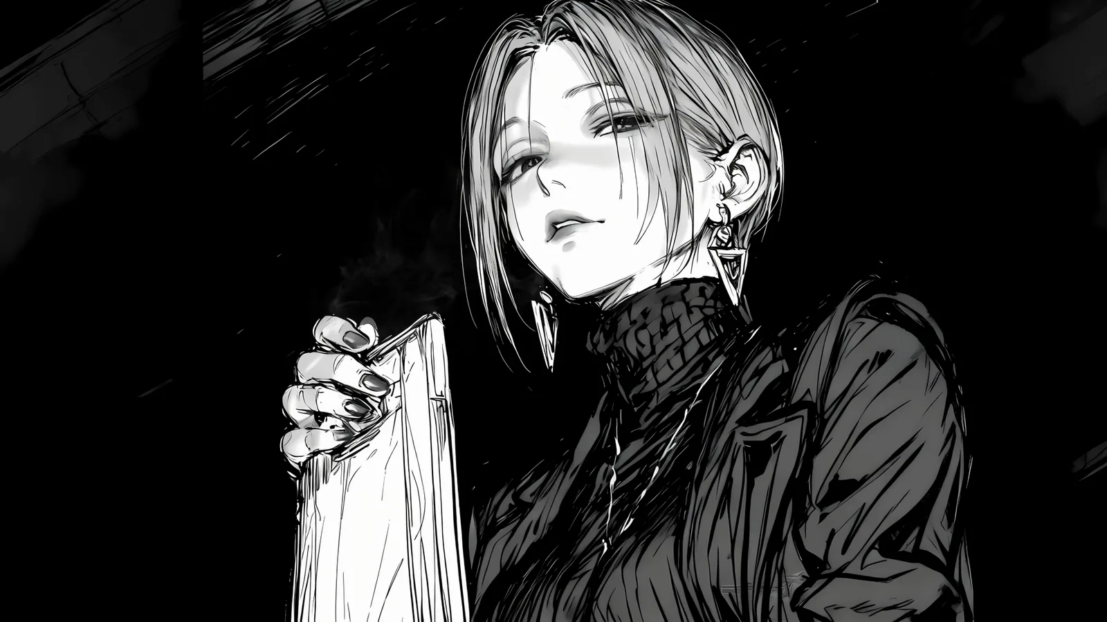 Black-and-White Swordswoman with a Rose