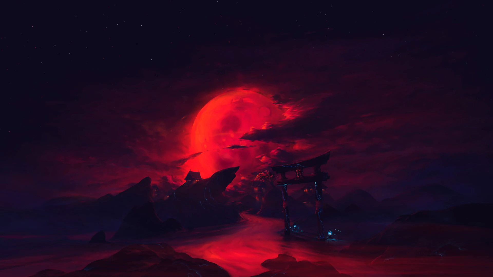 Blood Moon over a Japanese Village