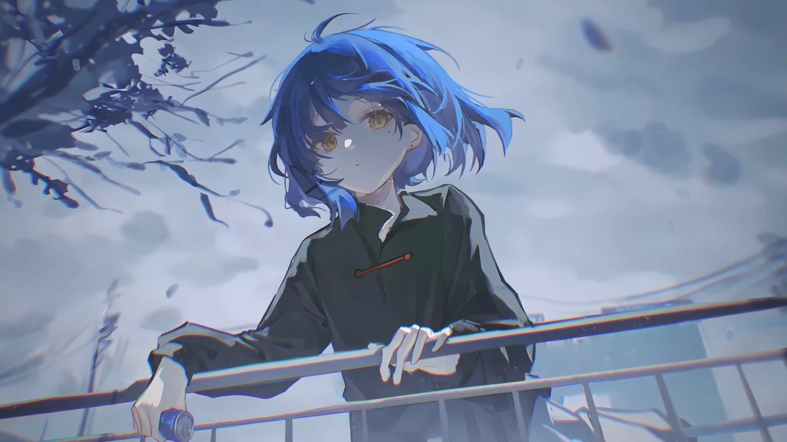 Blue-Haired Swordswoman on a Balcony