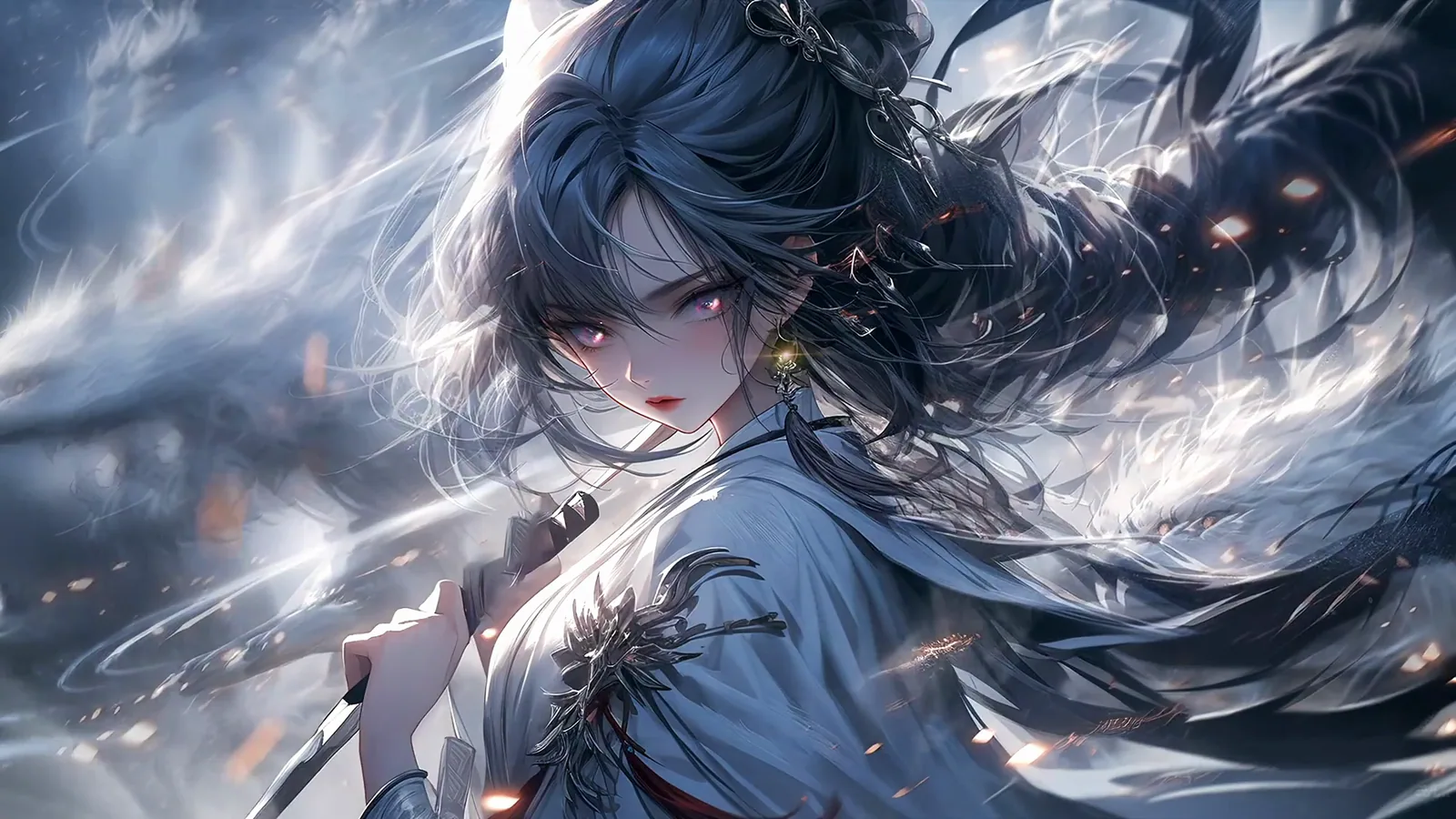 Blue-Haired Swordswoman in an Ink Storm