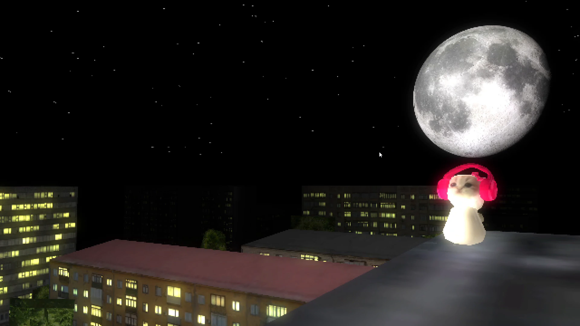Cat with Headphones on a Moonlit Rooftop