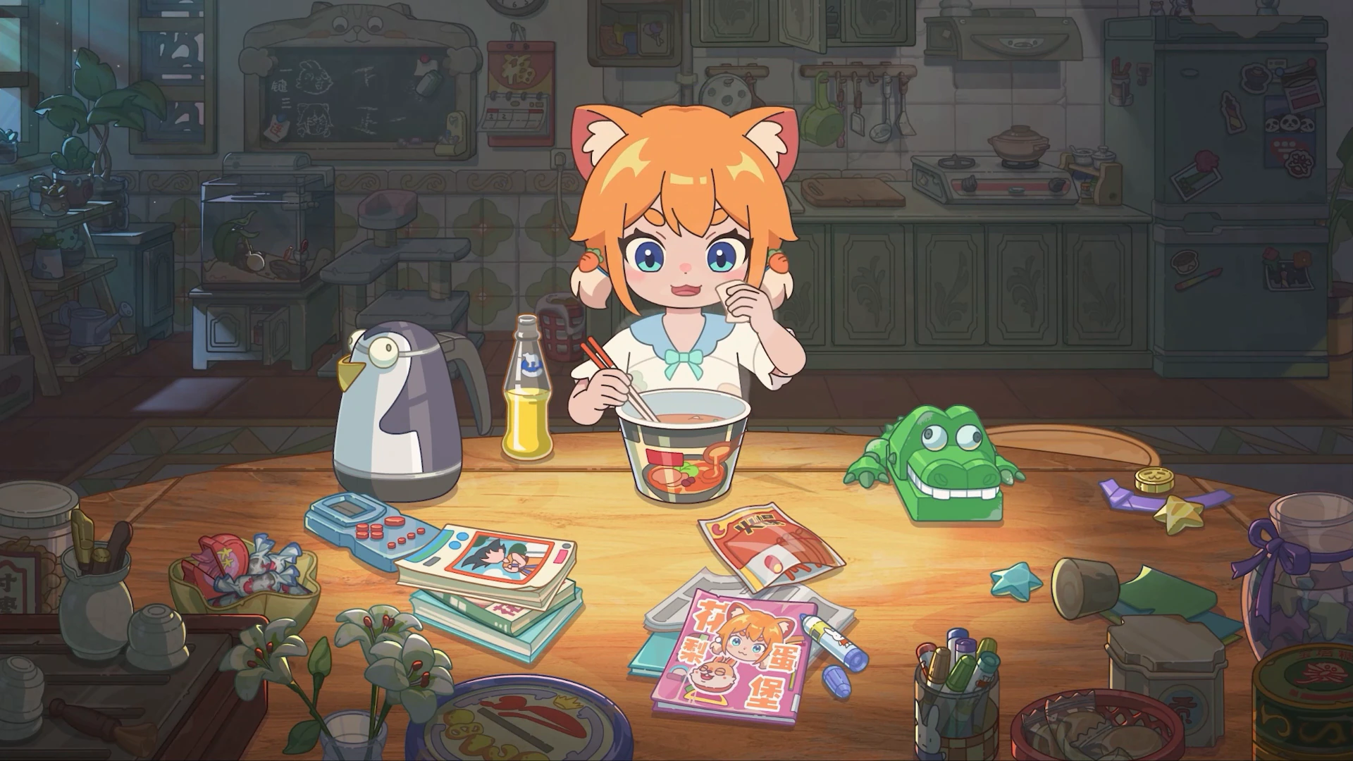 Catgirl Cooking Late-Night Ramen in Pixel Art