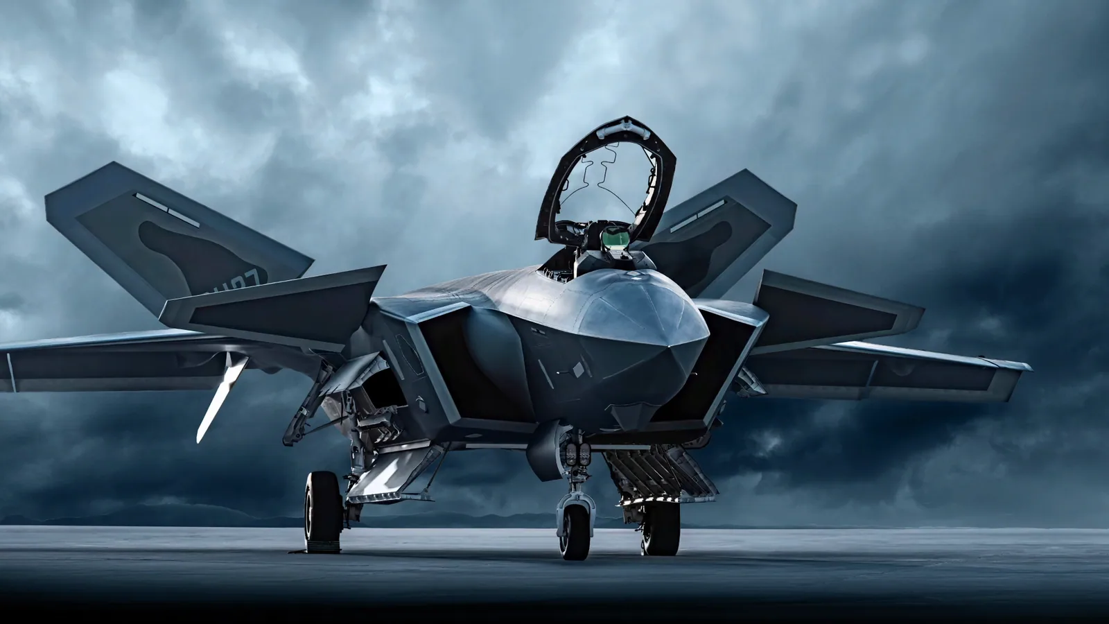 Caça furtivo Chengdu J-20 sob nuvens de tempestade