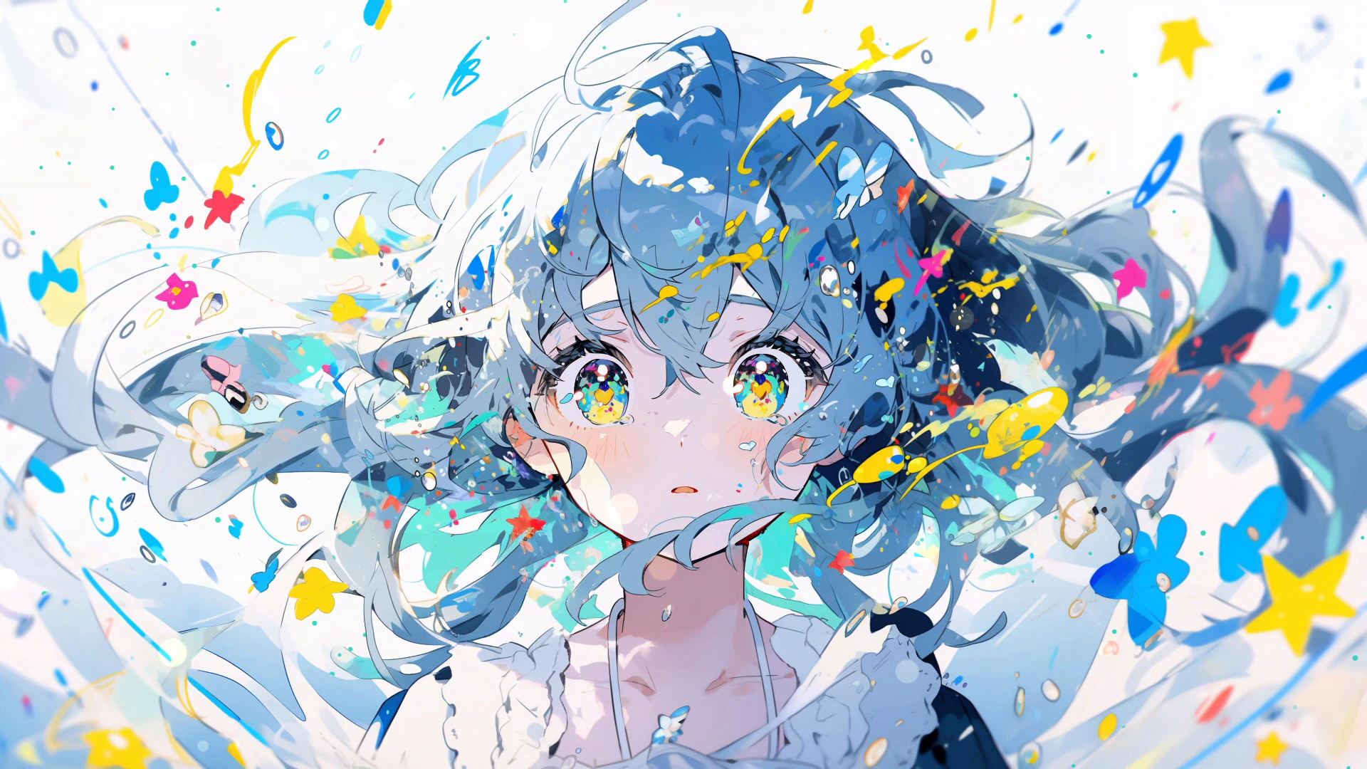 Fille aux cheveux bleus parmi les couleurs