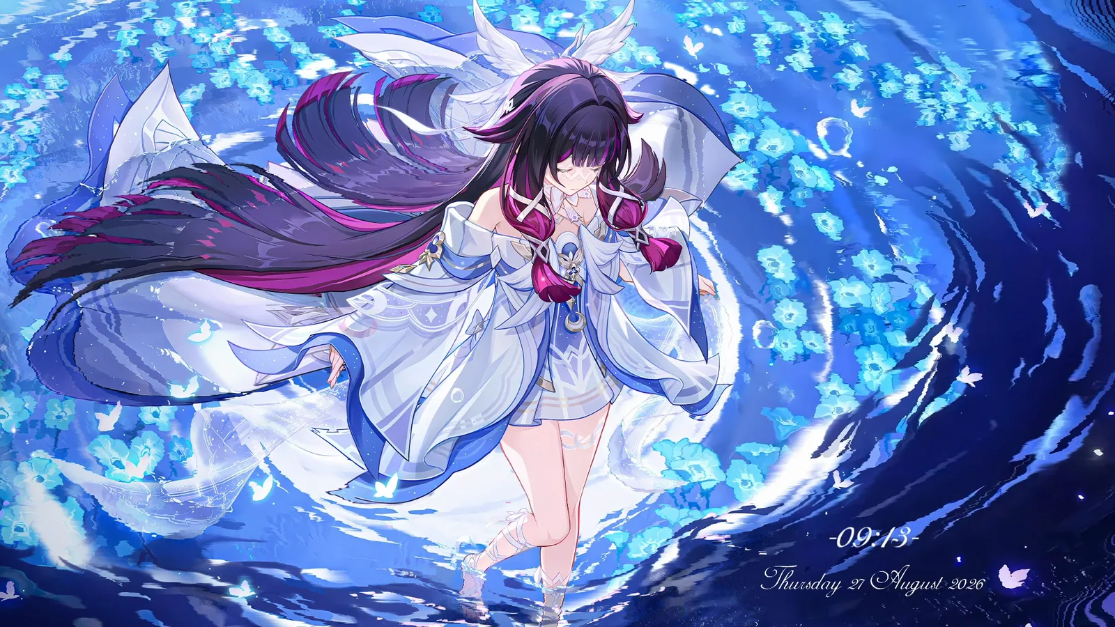 Columbina in a Blue Floral Scene - Genshin Impact