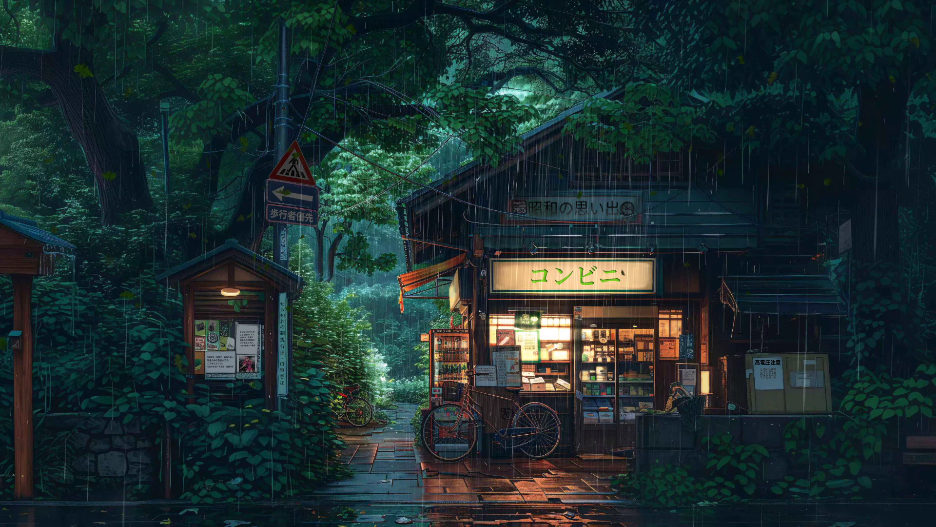Convenience Store in a Rainy Forest at Night