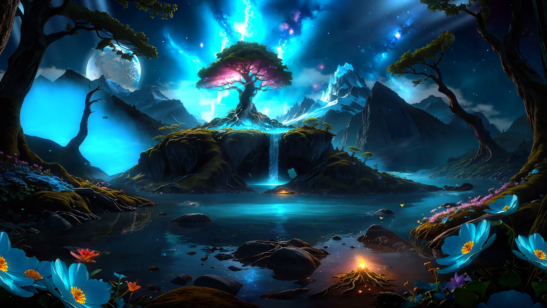 Cosmic Spring Waterfall and Spirit Tree