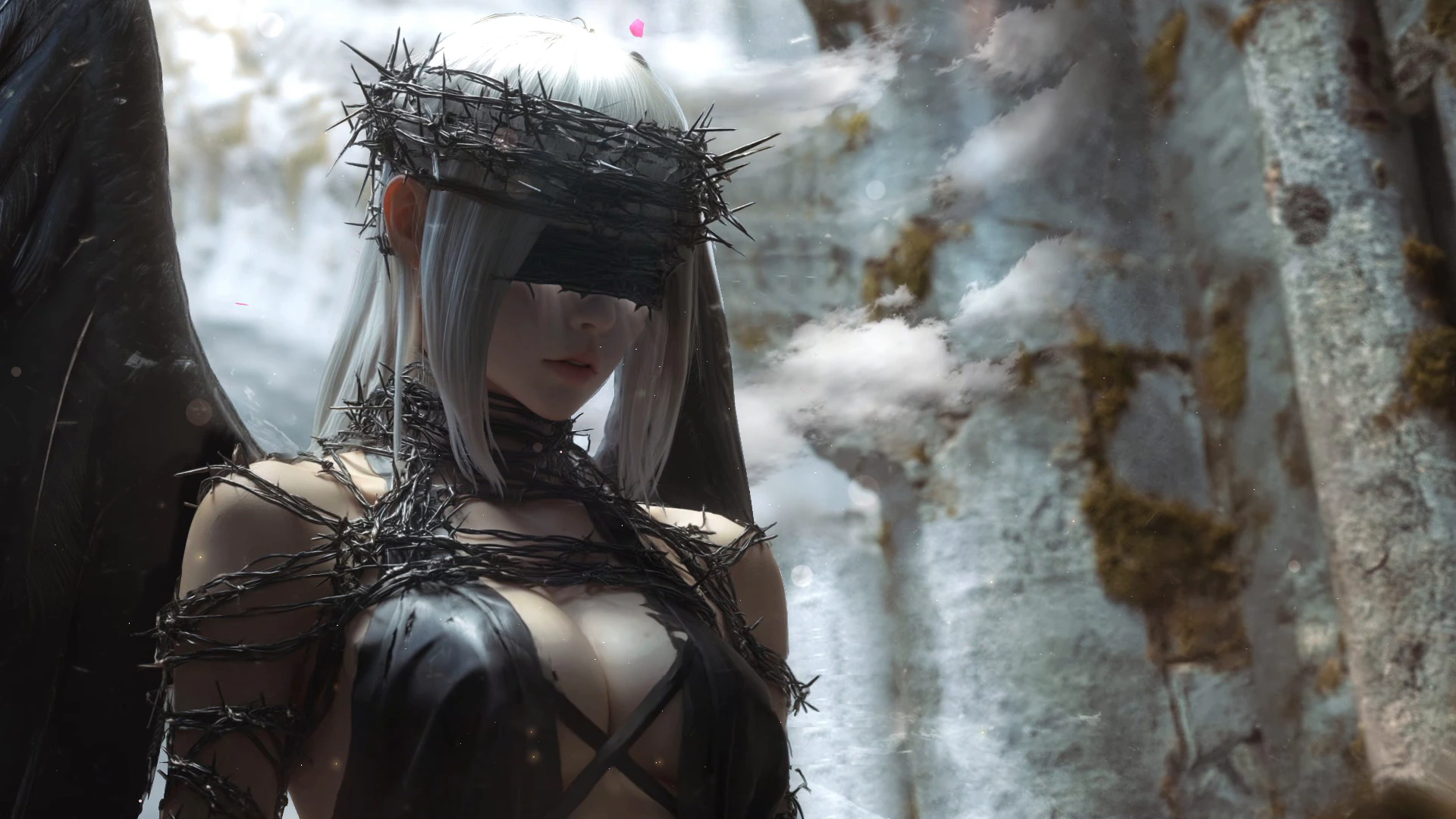Dark Angel with a Crown of Thorns in a Snowy Forest