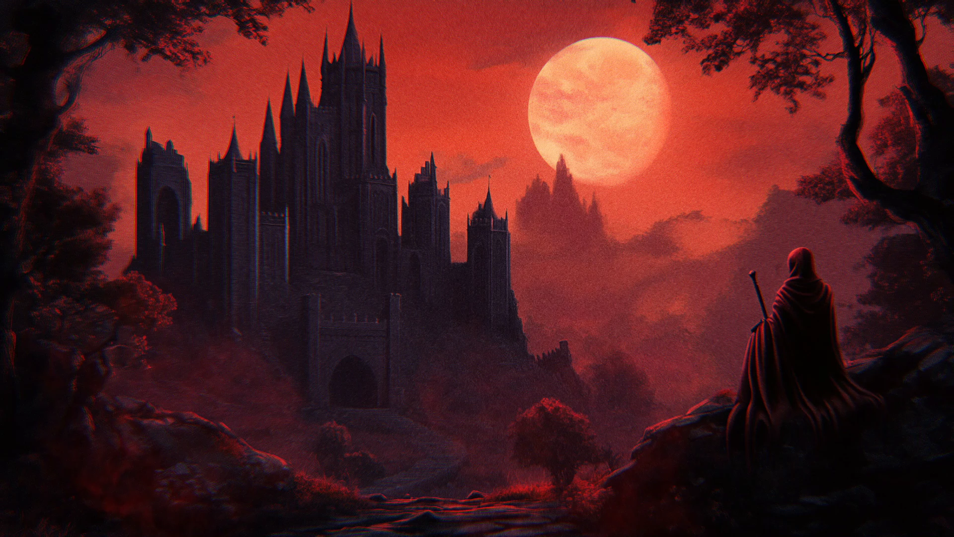 Dark Fantasy Castle beneath a Red Moon