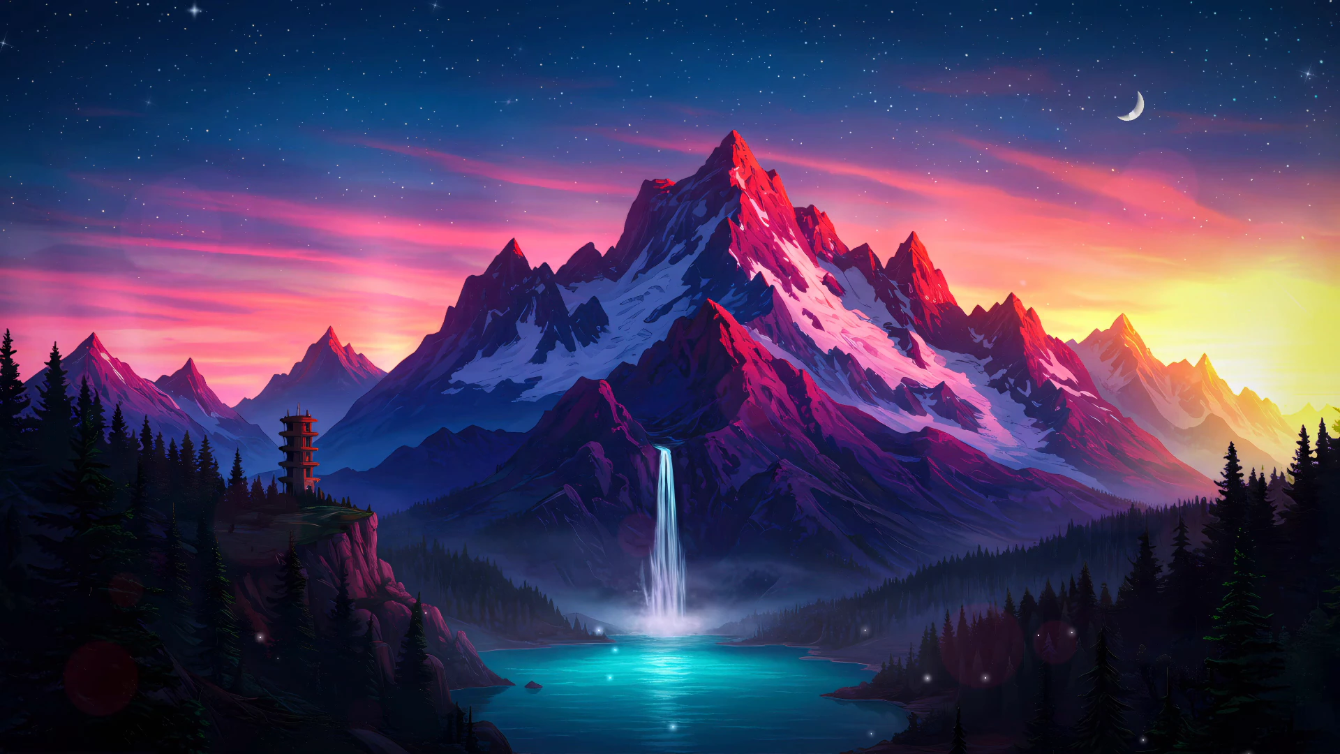 Dream View: Mountain Waterfall at Sunset