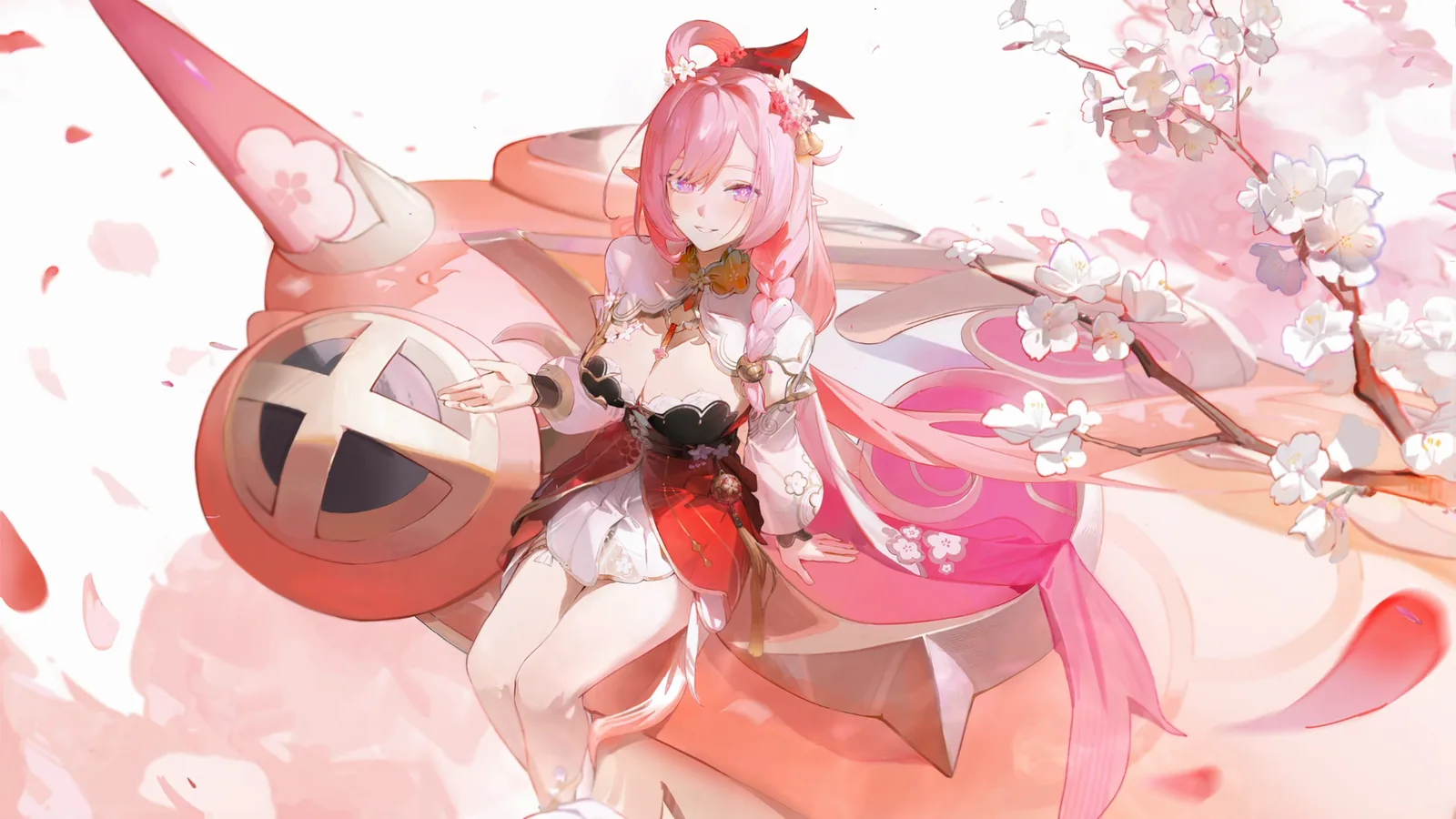 Elysia in a Red Floral Battle Scene - Honkai Impact 3rd