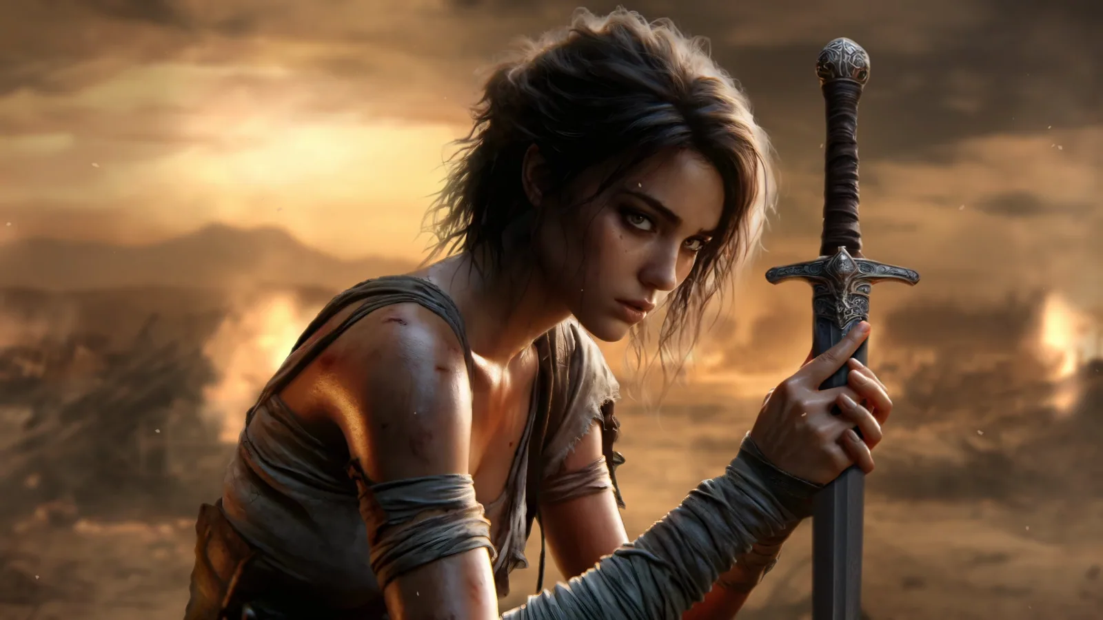 Ender Swordswoman on a Burning Battlefield wallpaper preview