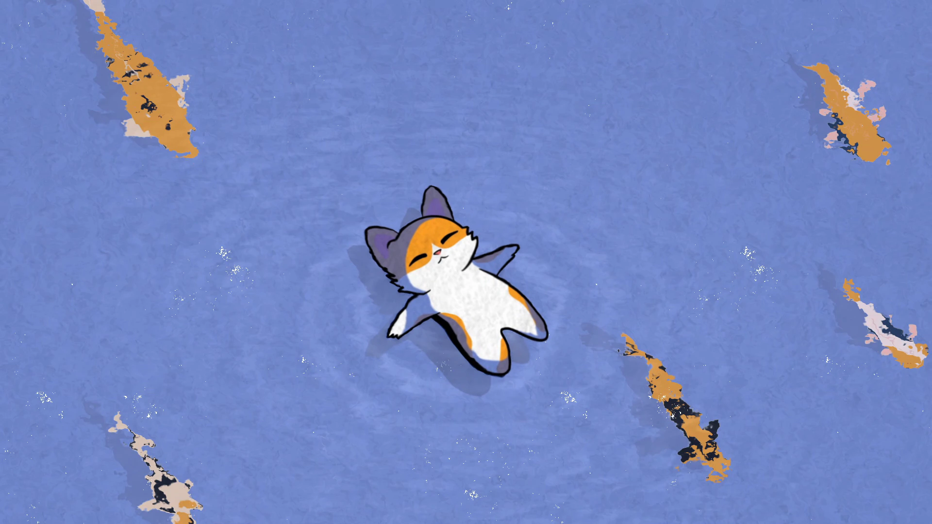 Floating Cat over a Blue Pond