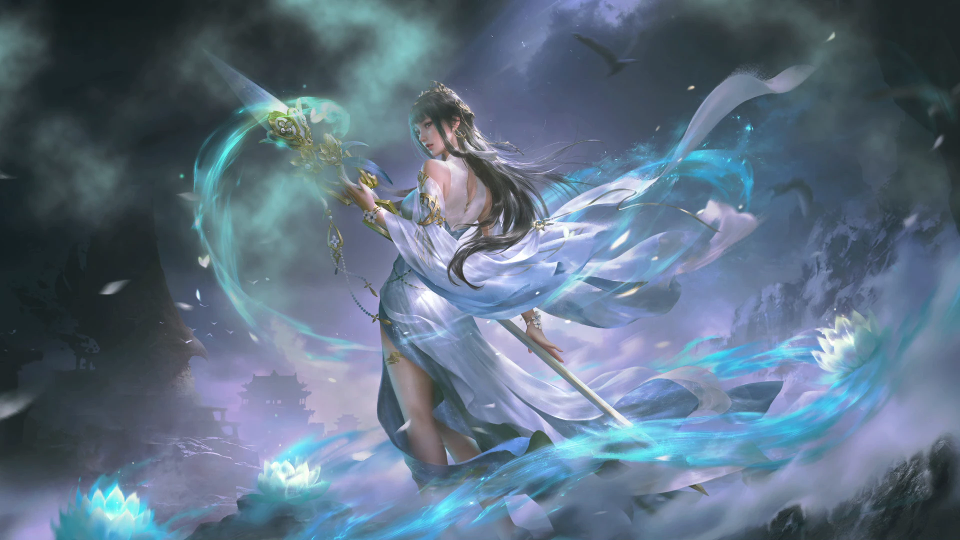 Warrior in Flowing White and Green - Naraka: Bladepoint