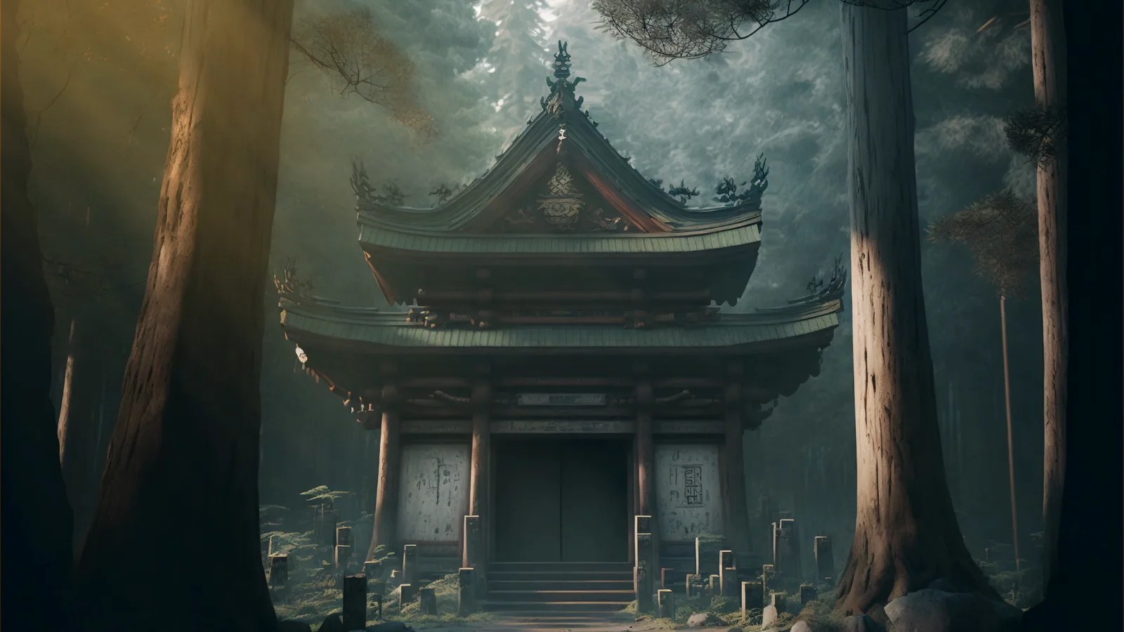 Forest Shrine Between Ancient Trees