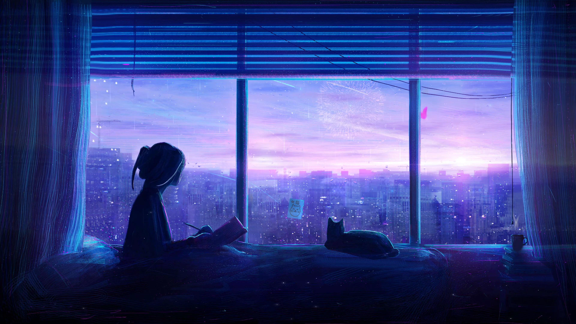 Girl and Cat at a Twilight Window