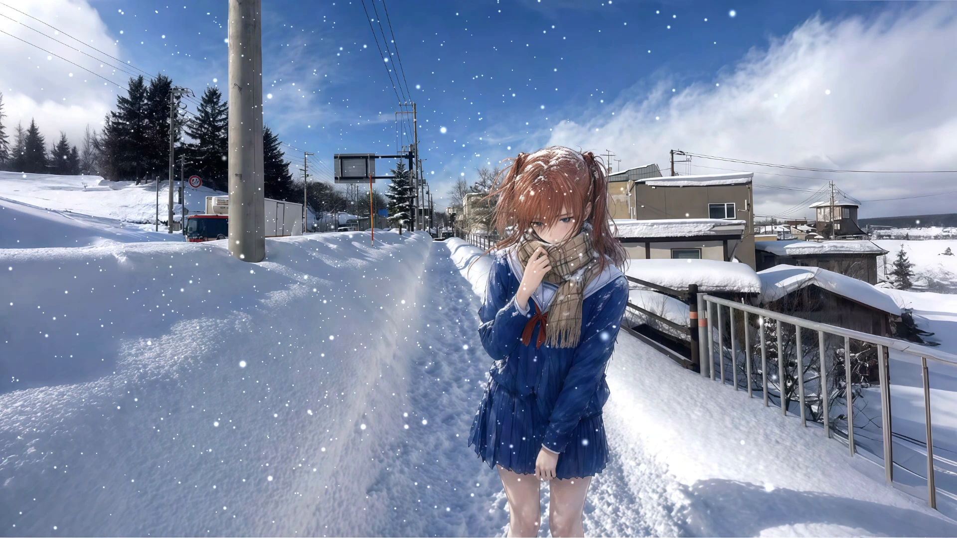 Girl on a Snowy Town Street
